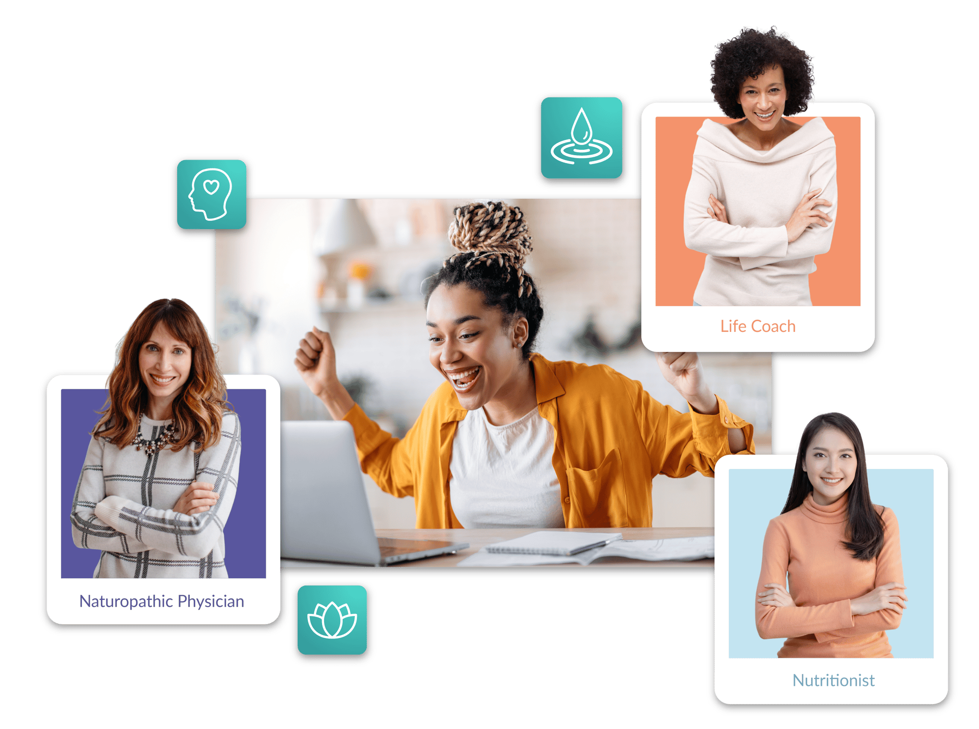 picture with four women representing a client, a naturopathic physician, a nutricionist and a life coach picture with four women representing a client, a naturopathic physician, a nutricionist and a life coach